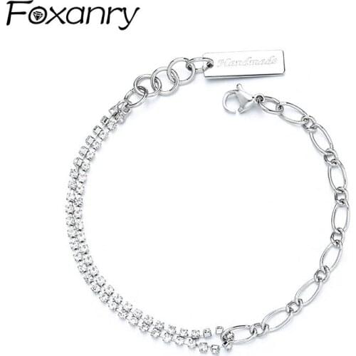 FOXANRY 925 Sterling Silver Bracelets for Women New Trendy Elegant Charming Sweet Sparkling Splicing Zircon Chain Bride Jewelry