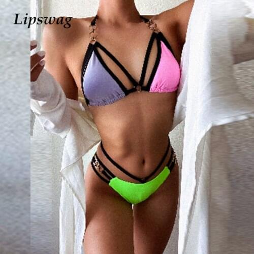 Womens Swimwear 2021 Sexy Swimwear Bikinis Mixed Color Stitching Swimming Suit For Women Split Swimsuit Padded Push-Up Bikini