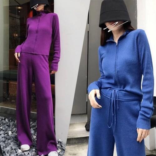 2020 Promotion Drawstring Autumn New Knit Suit Womens Fashion Cardigan Zipper Sweater And Drape Wide-leg Pants Two-piece Trend