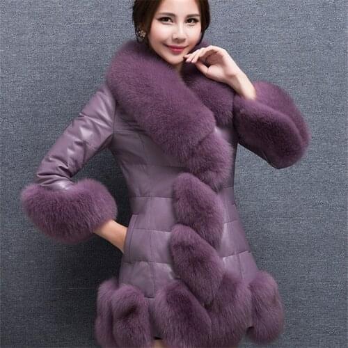 Women Winter Imitate Faux Fur collar Coat Korean plus size Slim PU Leather Jacket Female fashion Mid-length overcoat 6XL A512