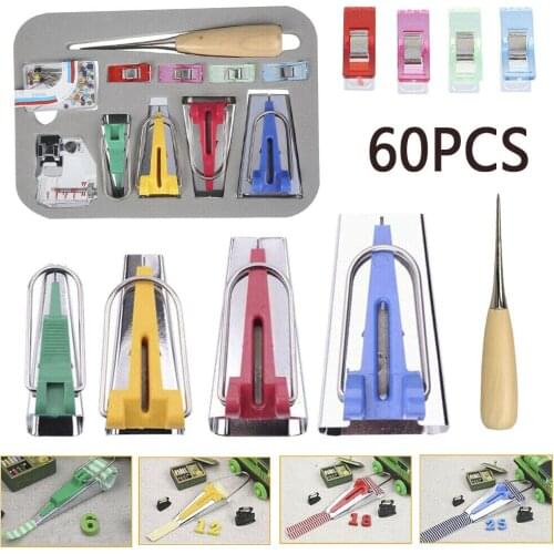 60pcs Fabric Bias Binding Tape Maker Kit Binder Foot Wooden Awl Clips Pins Household DIY Sewing Quilting Tool Set