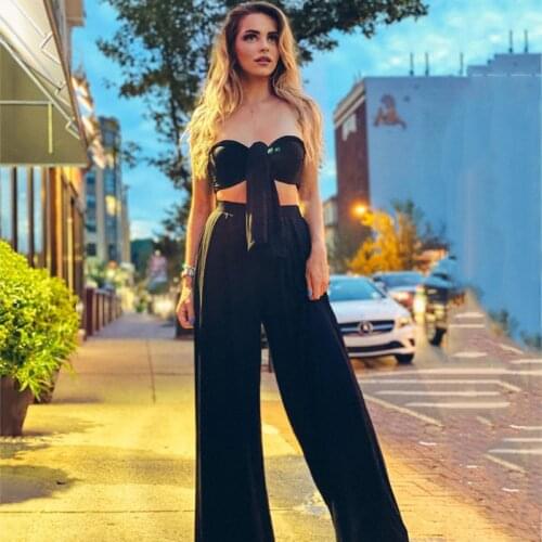 Avrilyaan Black Pleated Sexy Two Piece Set Strapless Bow Top Long pant Summer Women Set Elegant High Stretch 2 Piece Set Women