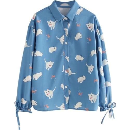 Cute Blouse Women Japanese Casual Korean Fashion Kawaii Cat Printed Girls Tops Chiffon Vintage Button Up Long Sleeve Blue Shirts