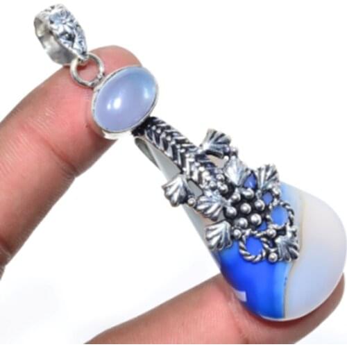 Botswana Agates,Chalcedony Pendant Silver Overlay over Copper , 76mm, P6234