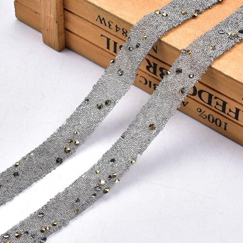 1.5cm width Iron on beads rhinestone Trim Mesh strass chain cyrstal Banding bridal applique forwedding dress decoration