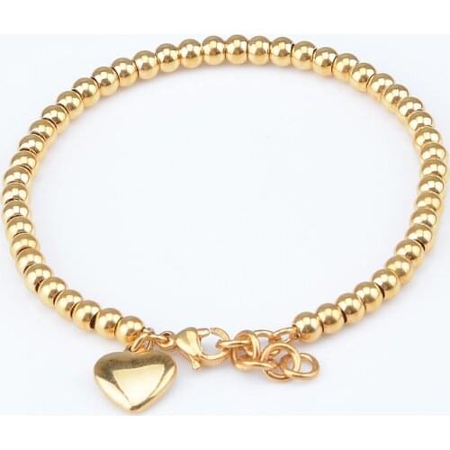 1pcs 18cm 4mm Girls Womens Yellow Rose White Tone Gold Color Chains Stainless Steel Beads Bracelet Heart Brand Jewelry