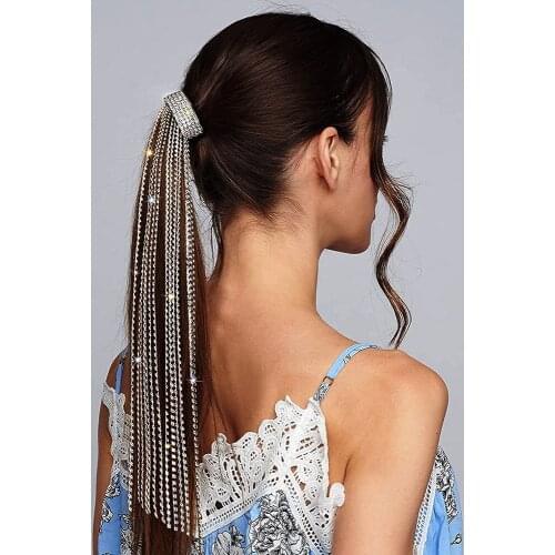 Stonefans Long Tassel Rhinestone Hairpins Long Tassel Hair Chain for Women Crystal Hair Accessories Wedding Party Head Jewelry