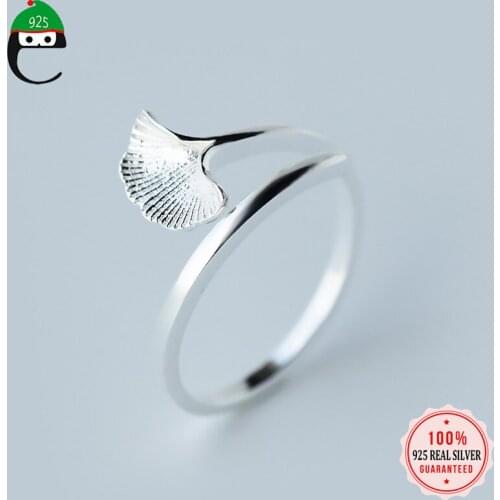 ElfoPlataSi Real 925 Sterling Silver Fashion Ginkgo Biloba Leaves Opening Ring For Women Party Mothers Day Fine Jewelry DA2025