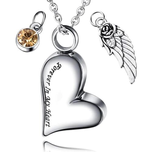 Forever In My Heart Cremation Urn Ashes Necklace With Angel Wing & Birthstone Charm Stainless Steel Keepsake Memorial Pendant