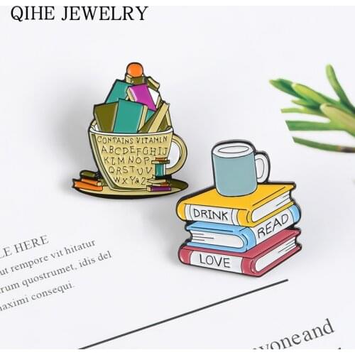 Books and Cup Enamel pins Love Reading Books Drink Coffee Brooches Reader Bookworm Badges Funny Cartoon Jewelry Gift Wholesale