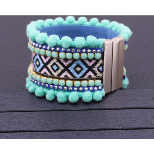 Leather bracelet Bohemian Bracelet Square Pattern Fashion Bracelet Leather Rhinestone Inlay Magnetic Bracelet Jewelry
