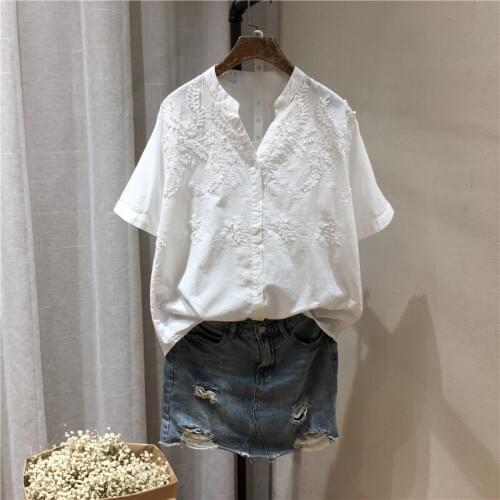 Lamtrup 3D Flowers Stitch Wheat V-Neck Short Sleeve Cotton Shirt Blouse 2021 Summer