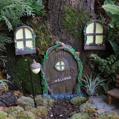 FairyCome Fairy Garden Door and Windows Kit with Lamp Glow In the Dark Miniature Fairy Door Set for Tree Outdoor Garden Ornament