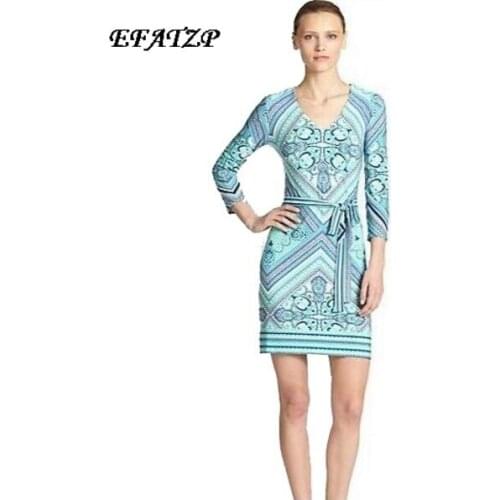 New Fashion 2017 Designer Brand Dress Womens V-neck 3/4 Sleeves Geometric Print Stretch Jersey Silk Dress size XXL Day Dress