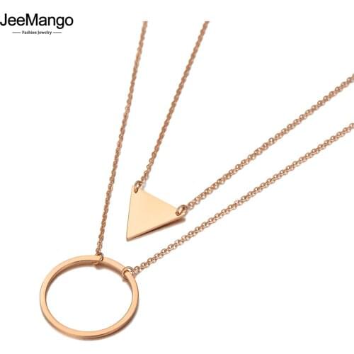 JeeMango Bohemia Double Layer Geometry Triangle Circle Charm Pendant Necklaces For Women Stainless Steel Choker Necklace JN20164