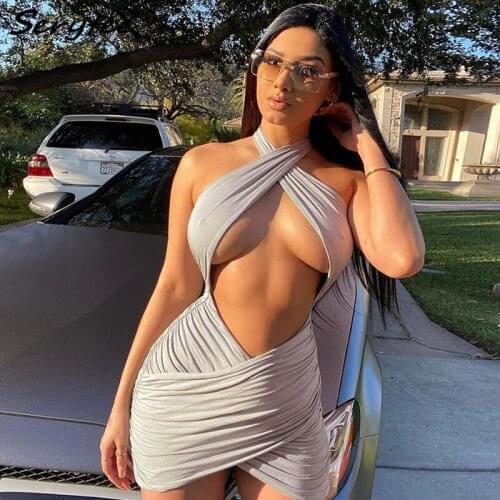 Serytee Sexy Front Cross Ruched Bodycon Summer Dress For Women 2021 Halter Cut Out Backless Skinny Party Dress Clubwear