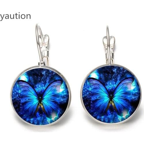 Blue Butterfly Earrings Green Butterfly Crystal Jewelry Accessories Ear Loop Dome Glass Cabochon Earrings