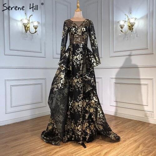 Serene Hill Dubai Black Flowers Mermaid With Train Evening Gown 2021 Long Sleeves Elegant For Women Formal Party Dress CLA6552