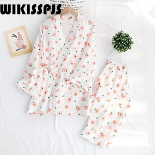 WIKISSPJS Japanese Kimono Suit Cotton Pajamas Womens Spring and Autumn Thin Loose Pajamas for Teen Girls Sleepwear Lounge Wear