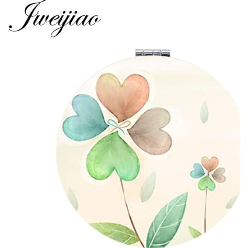 Youhaken Round Folding PU leahter espejo 2019 Lucky Clover photo Beauty Health charm pocket mirror for girls KC227