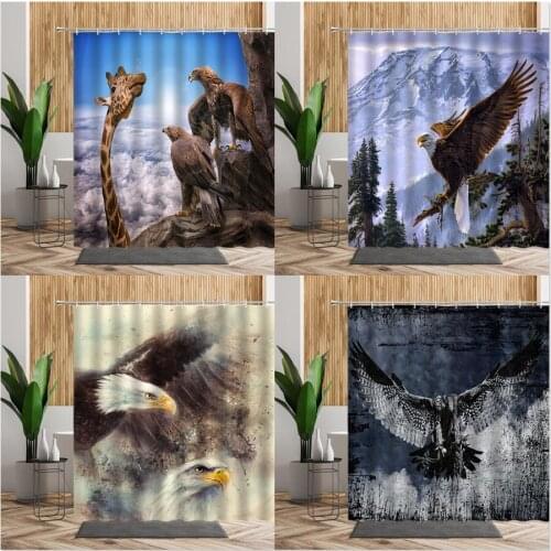 Animal Eagle Giraffe Shower Curtains Set Blue Sky Scenery Bathroom Decor Waterproof Washable Bath Screen For Home Cloth Curtain
