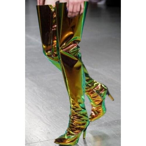 Moraima Snc Runway Shining Leather Woman Boots Sexy Pointed Toe Thin Heels Over the Knee Boots Fashion Thigh High Boots