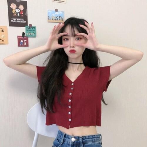 Woman TShirts 2021 Summer High Waist V-neck Sweater Womens Short-Sleeved T-shirt Top Crop Top Mujer Camisetas