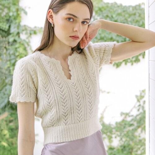 Women Summer Tops Short Sleeved Knitted Blouse Casual Loose Hollow Short Top