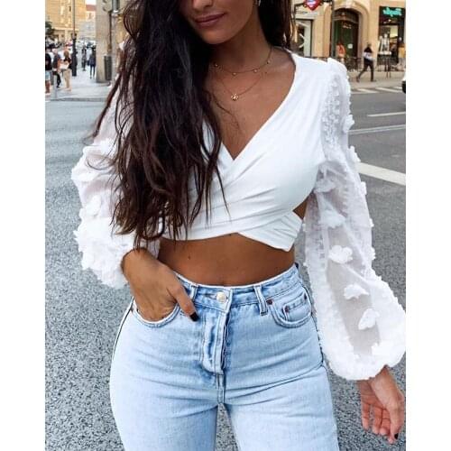 Womens Sexy Lace Cross Strap Bubble Sleeve Crop Top T-shirt Ladies Deep V-Neck Vest Top