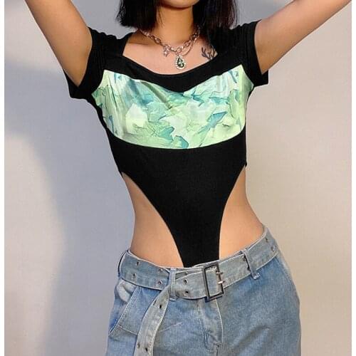 2021 Summer Sexy Womens Bodysuits Minority Personalized Print Stitching Color Contrast 1 Piece Spice Girl High Waist Slim Top