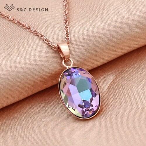 S&Z DESIGN New 2021 Fashion Elegant Luxury Egg Shape Oval Crystal Pendant Necklace For Women Wedding Jewelry 585 Rose Gold Chain