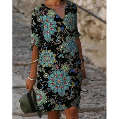 2021 New Women Printing Dress Summer V-Neck Half Sleeve A-Line Dresses Female Retro Litera Vintage Loose Dress