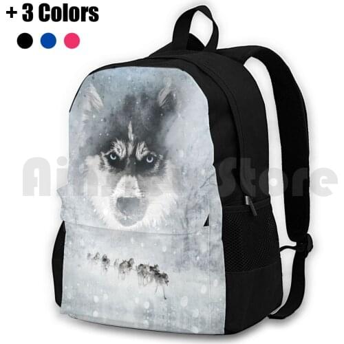 Winter Huskies Outdoor Hiking Backpack Waterproof Camping Travel Domestic Animal Dog Dogs Destroyed Pixel Cool Animal Animals