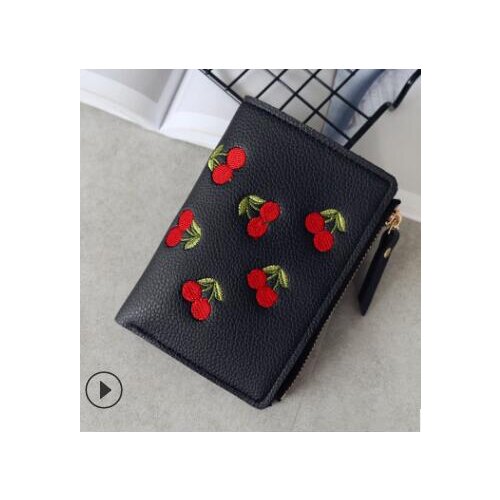1pcs/lot korean style woman casual embroider cherry short wallet female pu fruit cherry coin purse