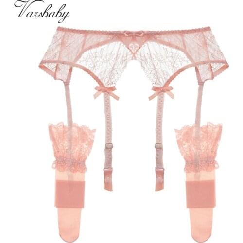 Varsbaby sexy floral lace bow underwear high quality S M L XL 2 pcs garters+stockings for women