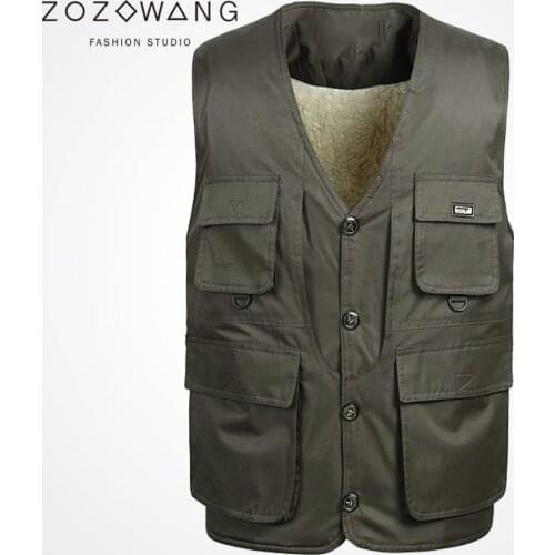 2019 Zozowang new loose solid brushed v-neck fashion Single Breasted casual keep warm autumn waist coat men Dark gray plus size