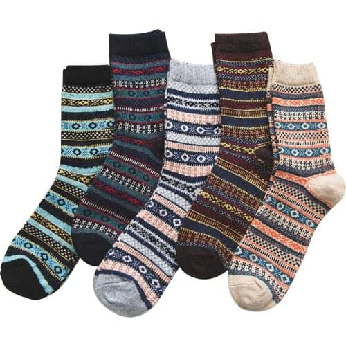 5 pair Mens Vintage Ethnic Woolen Warm Long Socks Checked Striped Geometric Ribbed Knit