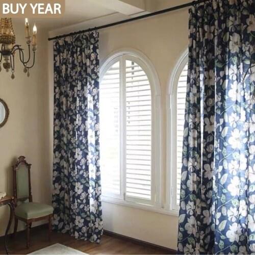 American Curtains for Living Dining Room Bedroom Retro Blue Big Flower Navy Pastoral Imitation Cotton and Linen Curtains Tulles