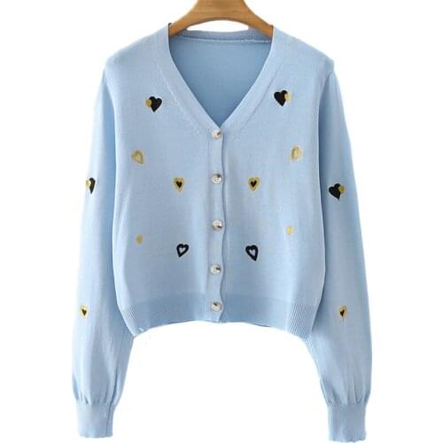 Aonibeier 2021 Za Woman Casual Traf Crop Tops Autumn Y2K Sweet Girls Heart Embroidery Knit Cardigan Slim Female White Sweaters