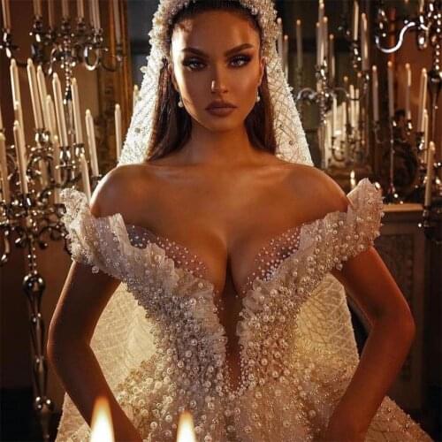 Arabic Heavy Pearls Wedding Dress Handmade Off the Shoulder Beading Vintage Bridal Gowns Sequins Luxury Wedding Dress