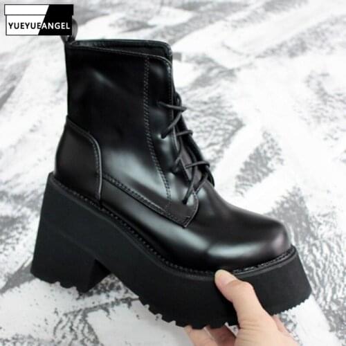 New Winter Punk Harajuku Platform Boots Women England Style Chunky Thick Heel Biker Boots Shoes Lace Up High Heel Ankle Boots