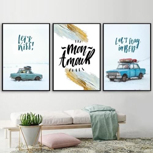 Old Car Snowfield Quotes Landscape Wall Art Canvas Painting Nordic Posters And Prints Wall Pictures For Living Room Home Decor