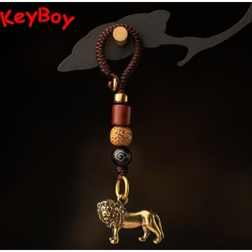 Retro Copper Small Lion Keychain Pendants Handmade Woven Rope Car Key Chain Rings Hanging Trinket Backpack Lanyard Keyring Decor