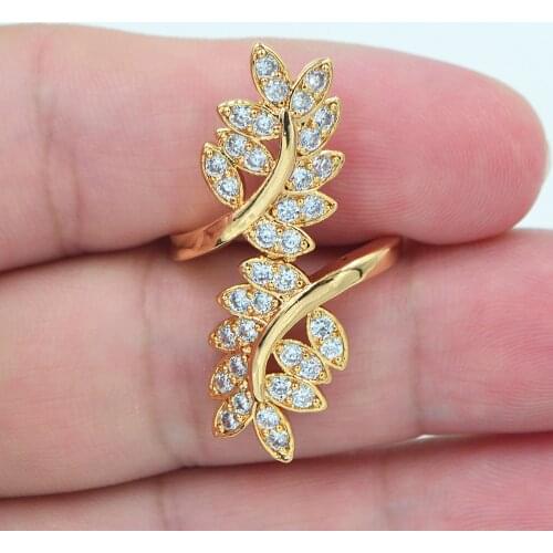 Fashion Women Gold Color AAA+ Cubic Zirconia Clear CZ Leaf Cocktail Party Ring Jewelry