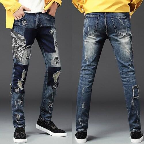 Men’s embroidery slimming blue jeans patched ripped color contrast hard washed denim pants scratched casual jeans pants