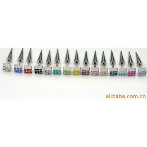 Wholesale titanium steel 15colors square with 9 crystal stones fake earrings cheater stud earrings body piercing jewelry