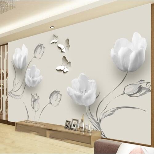 Custom 3D Photo Wallpaper Fashion Minimalist Tulip Butterfly 3D Art Mural Living Room Sofa Background Wallpaper Home Decoration