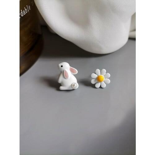 S925 needle New Asymmetrical Stud Earrings New Design Cute White Rabbit Sweet Flower Earrings For Girl Student Party Gifts
