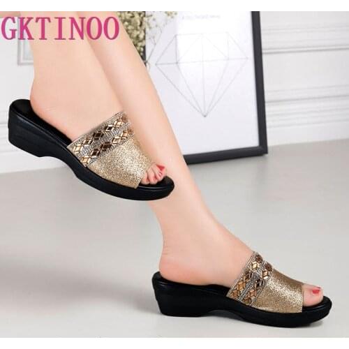 GKTINOO Women Slippers Shoes Genuine Leather Slip on Outside Slides Ladies Fashion Wedges Summer Beach thick sole Flip Flop