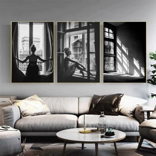 Nordic Black and White Sexy Window Girl Canvas Painting Fashion Beautiful Woman Posters Wall Art Pictures Living Room Home Decor